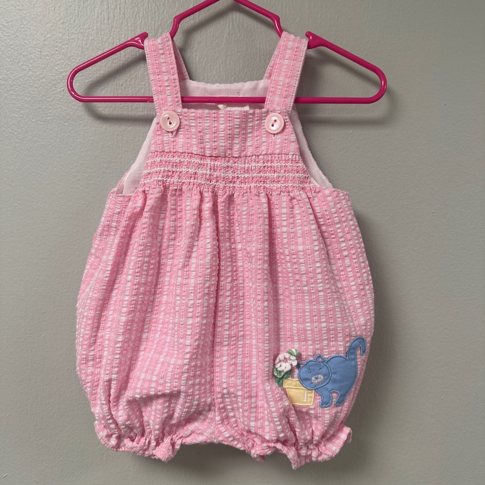 Vintage Pink Seersucker Smocked Cat Bubble Romper 3-6 Months Sleeveless Pink‎
